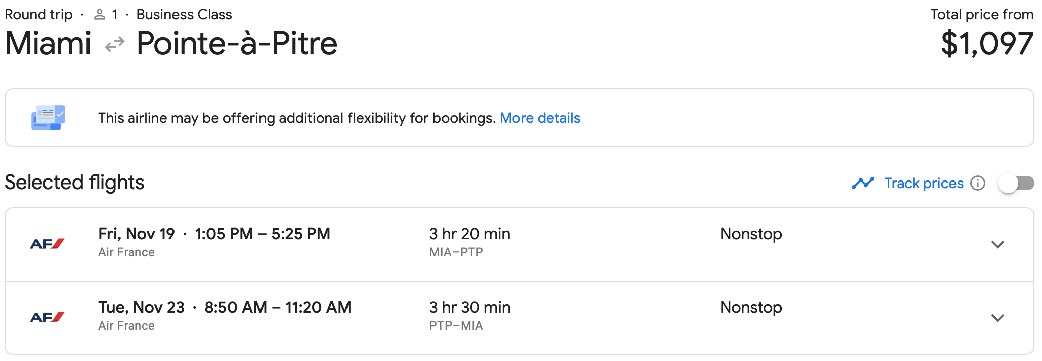 MIA to PTP Google Flights itinerary on Air France