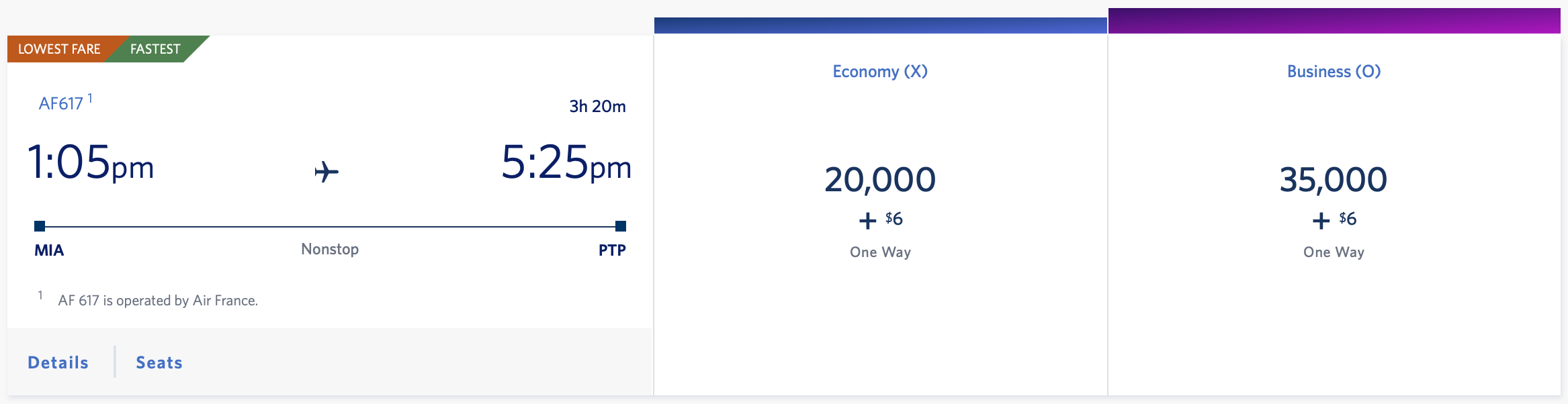 MIA to PTP SkyMiles award ticket on Air France