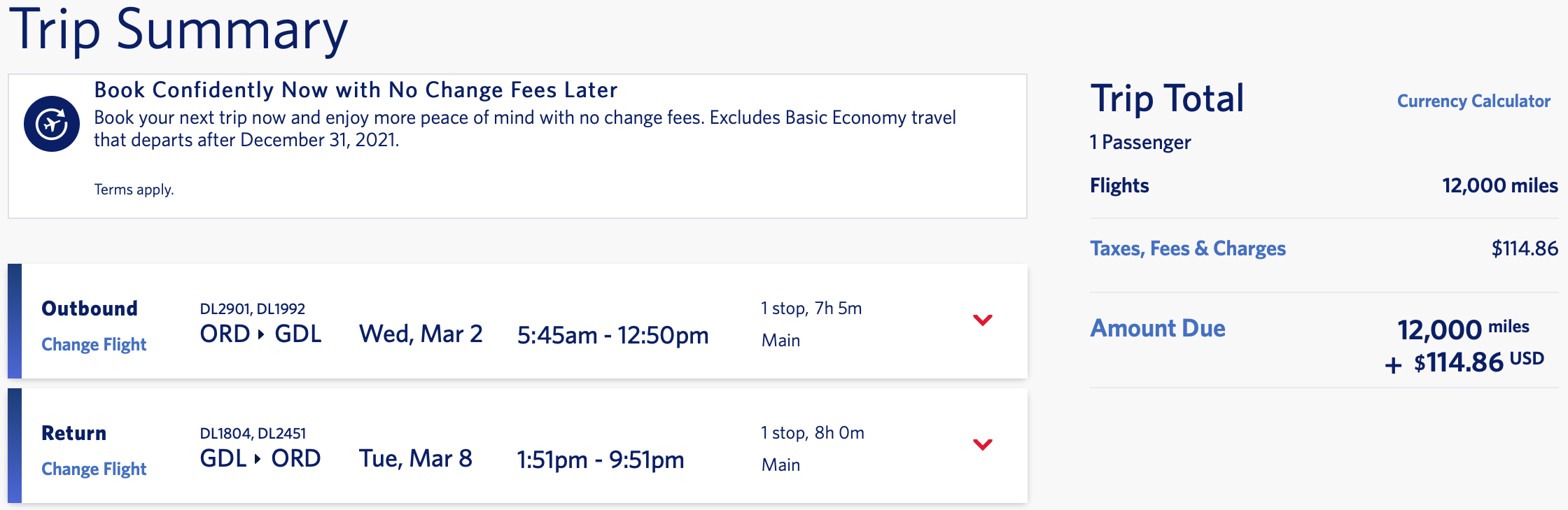 ORD to GDL via ATL SkyMiles award ticket in economy