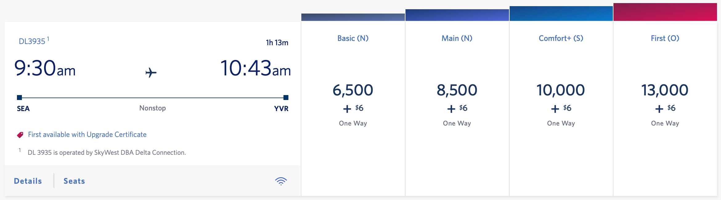 SEA to YVR SkyMiles award ticket