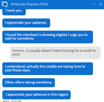 American Express chat screenshot. 