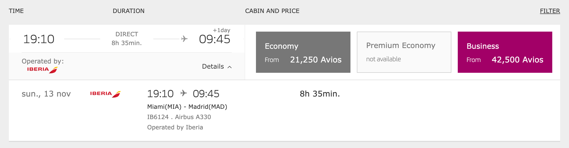 Award prices for a one-way Iberia flight from Miami to Madrid in November 2022
