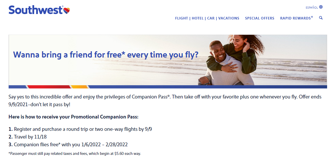 Act quickly to earn a twomonth Southwest Companion Pass after just two