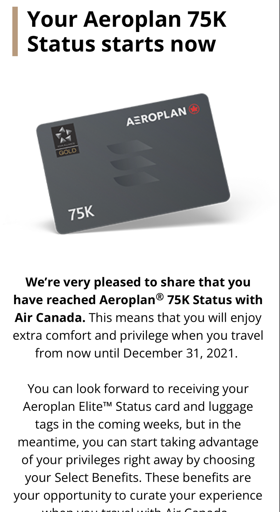 Air Canada status match now posting, choose Select Benefits now The