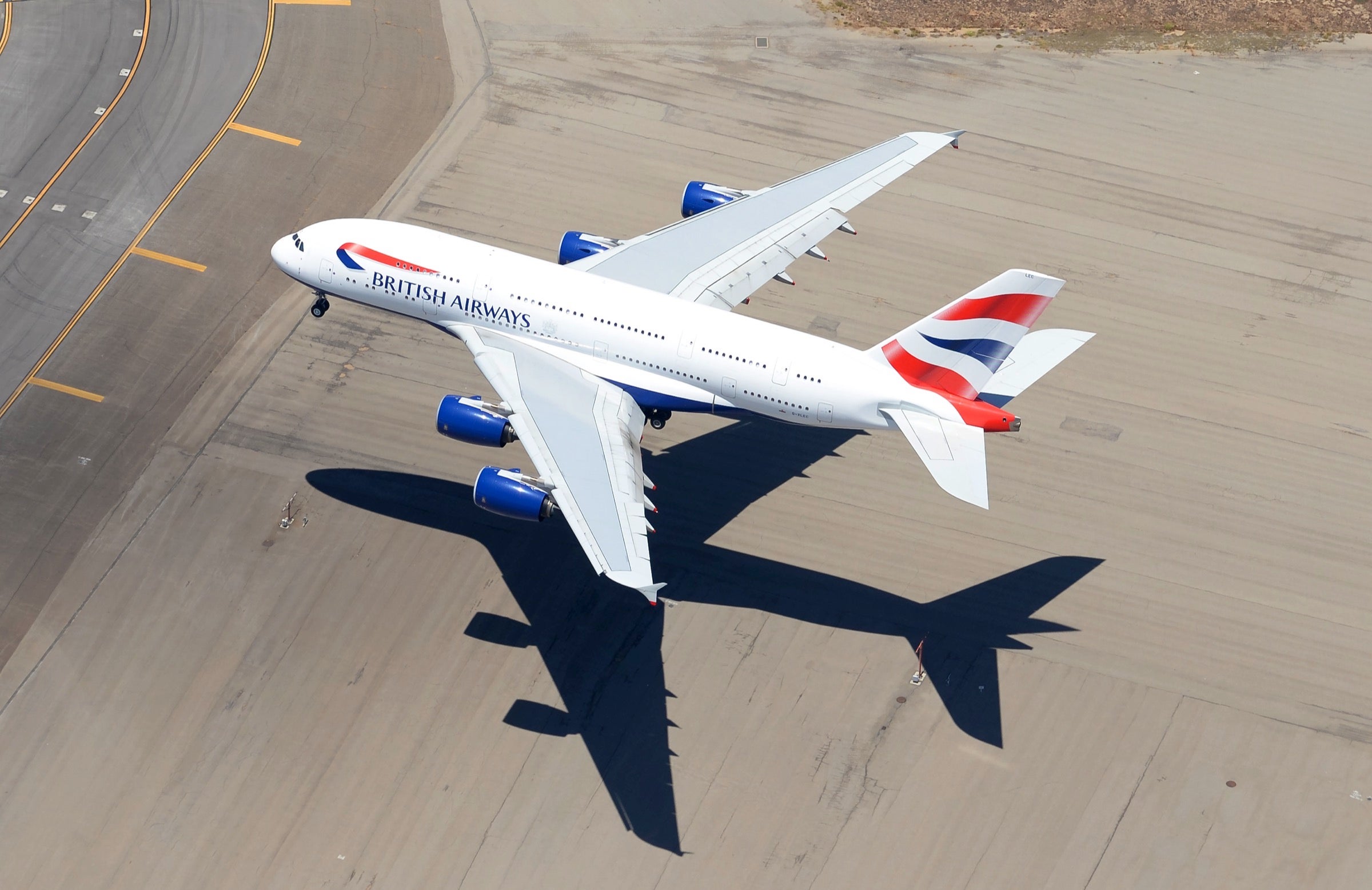 Aerial shot of a British Airways A380 landing in Los Angeles