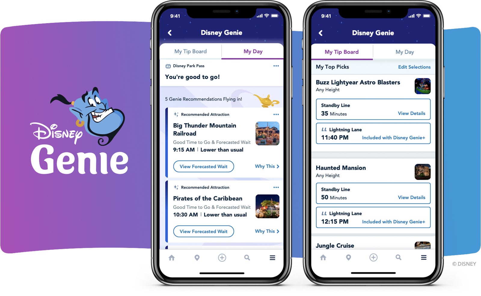 Screenshots of the Genie+ service on the My Disney Experience app