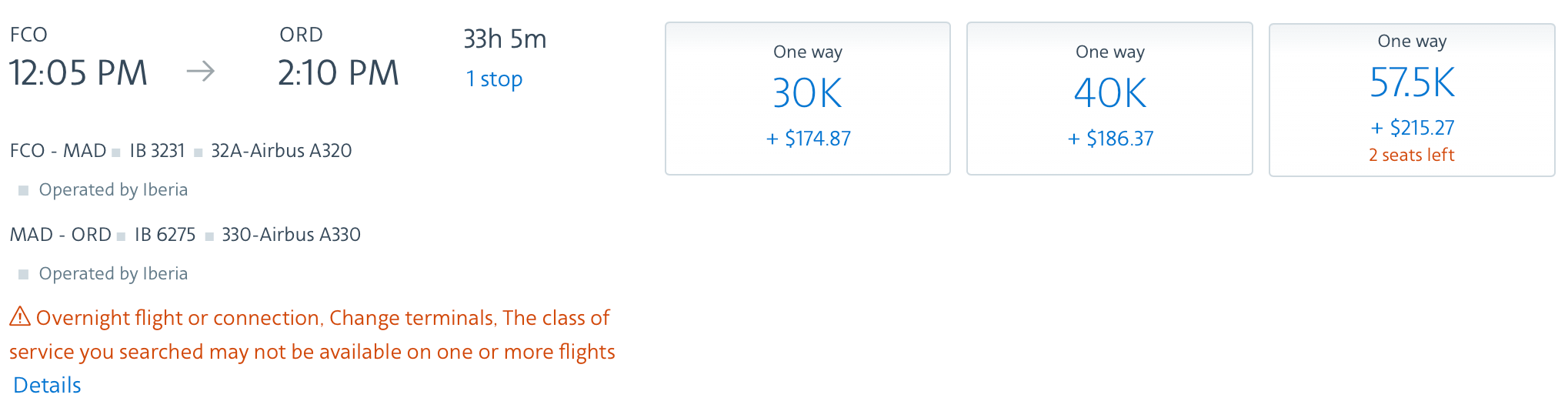 FCO to ORD AAdvantage award price on Iberia