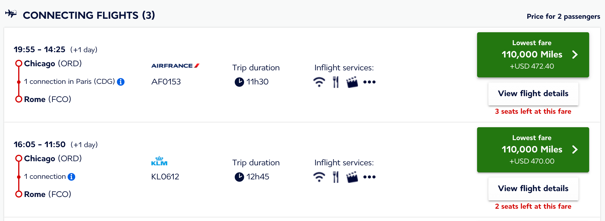 ORD to FCO Flying Blue award price