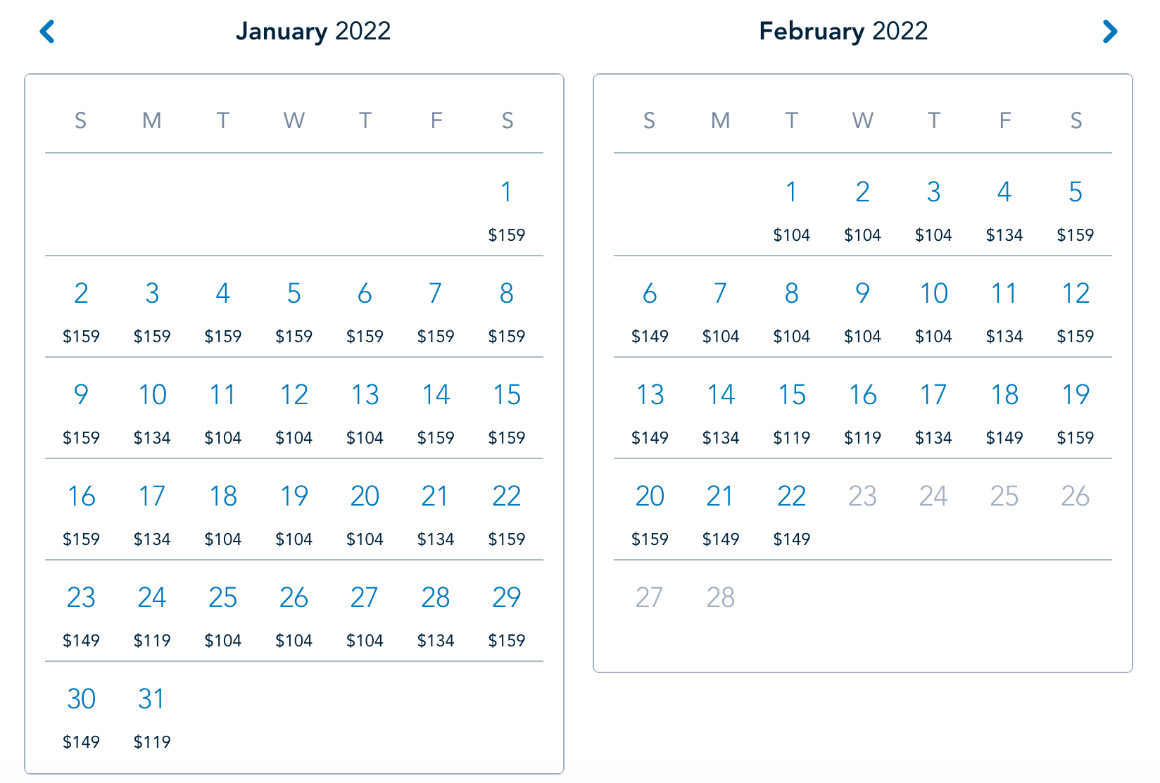 Disneyland 1-daagse ticketprijzen kalender Jan Feb 2022