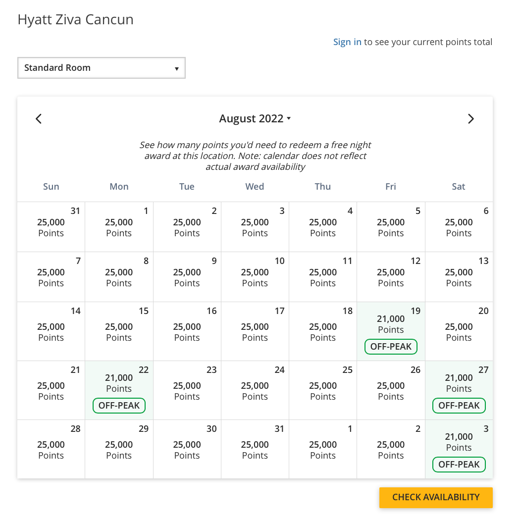 hyatt ziva cancun points calendar