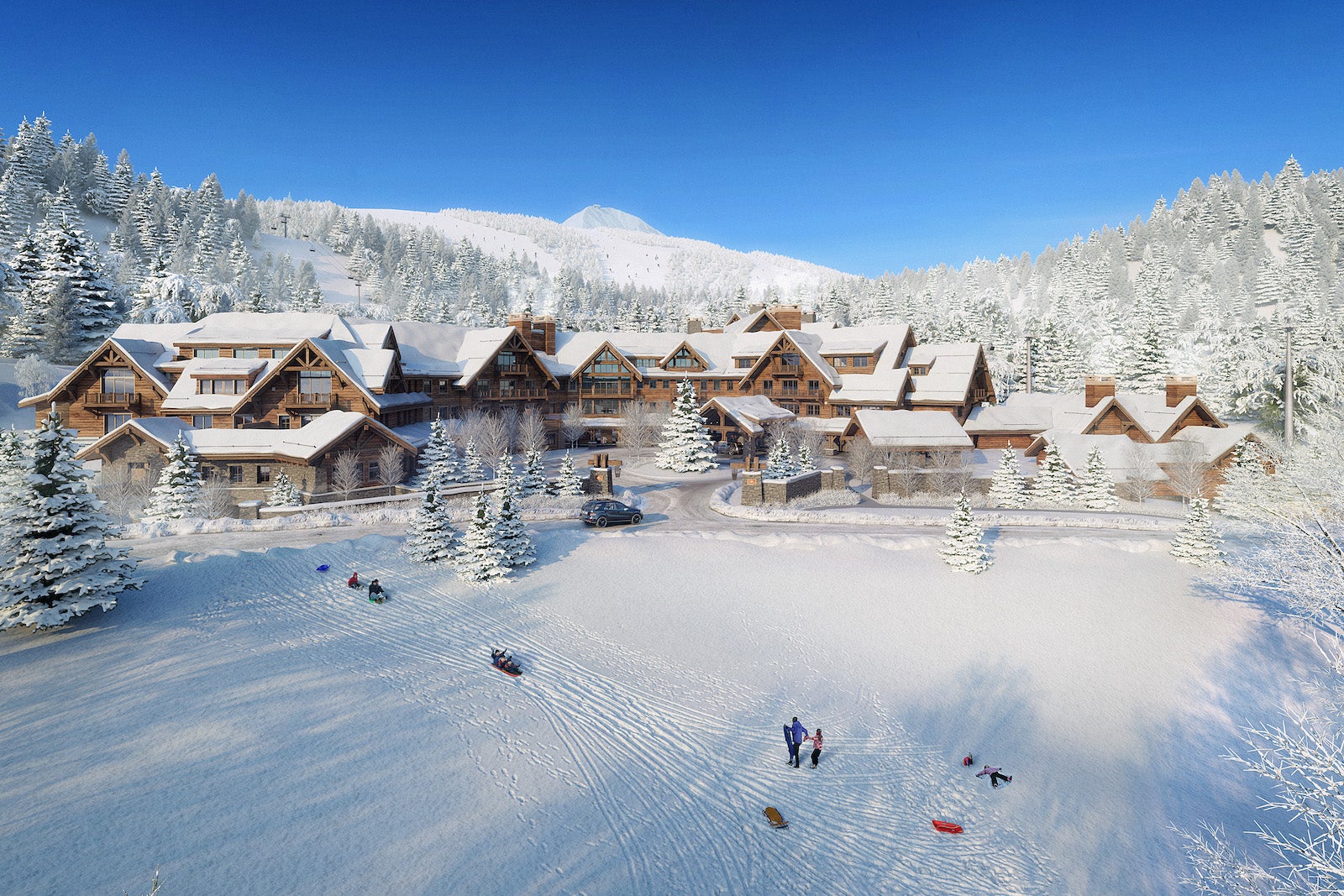 snow ski chalet/resort with snow-capped mountains, tall pine trees and people playing in the snow