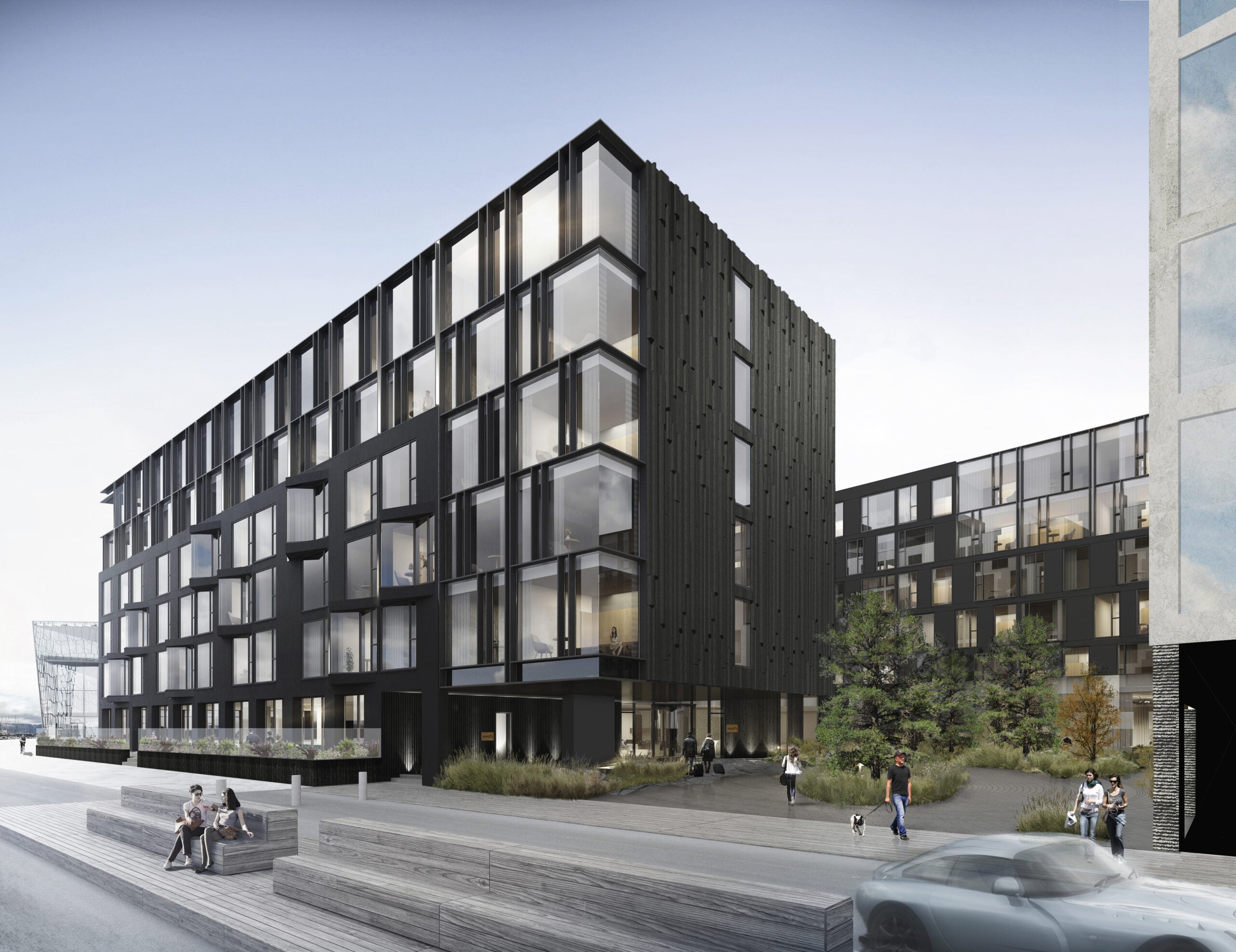 rendering of the Reykjavik Edition hotel, with large glass windows, wooden benches and people sitting