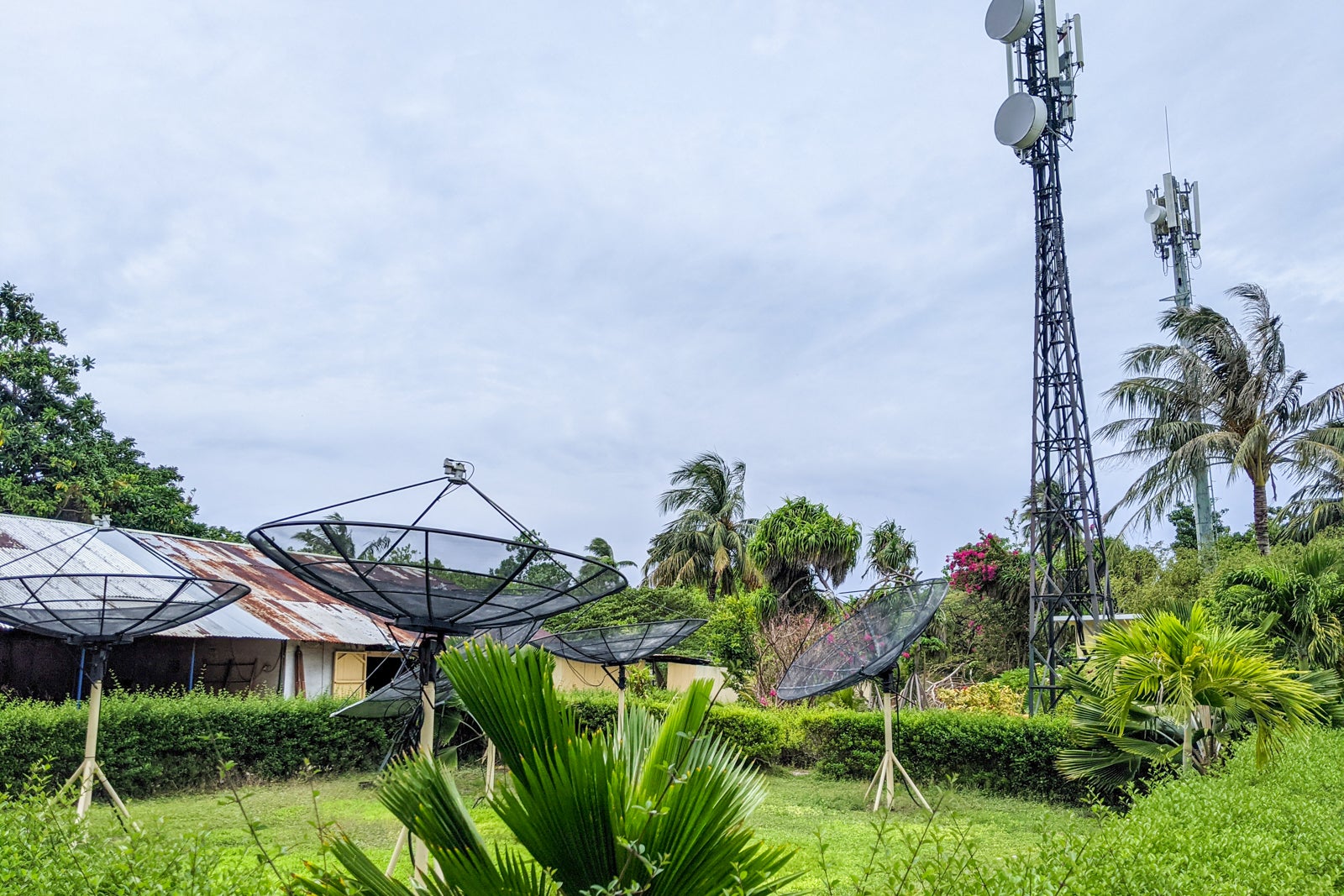 Satellite receivers and cell tower at Six Senses Laamu