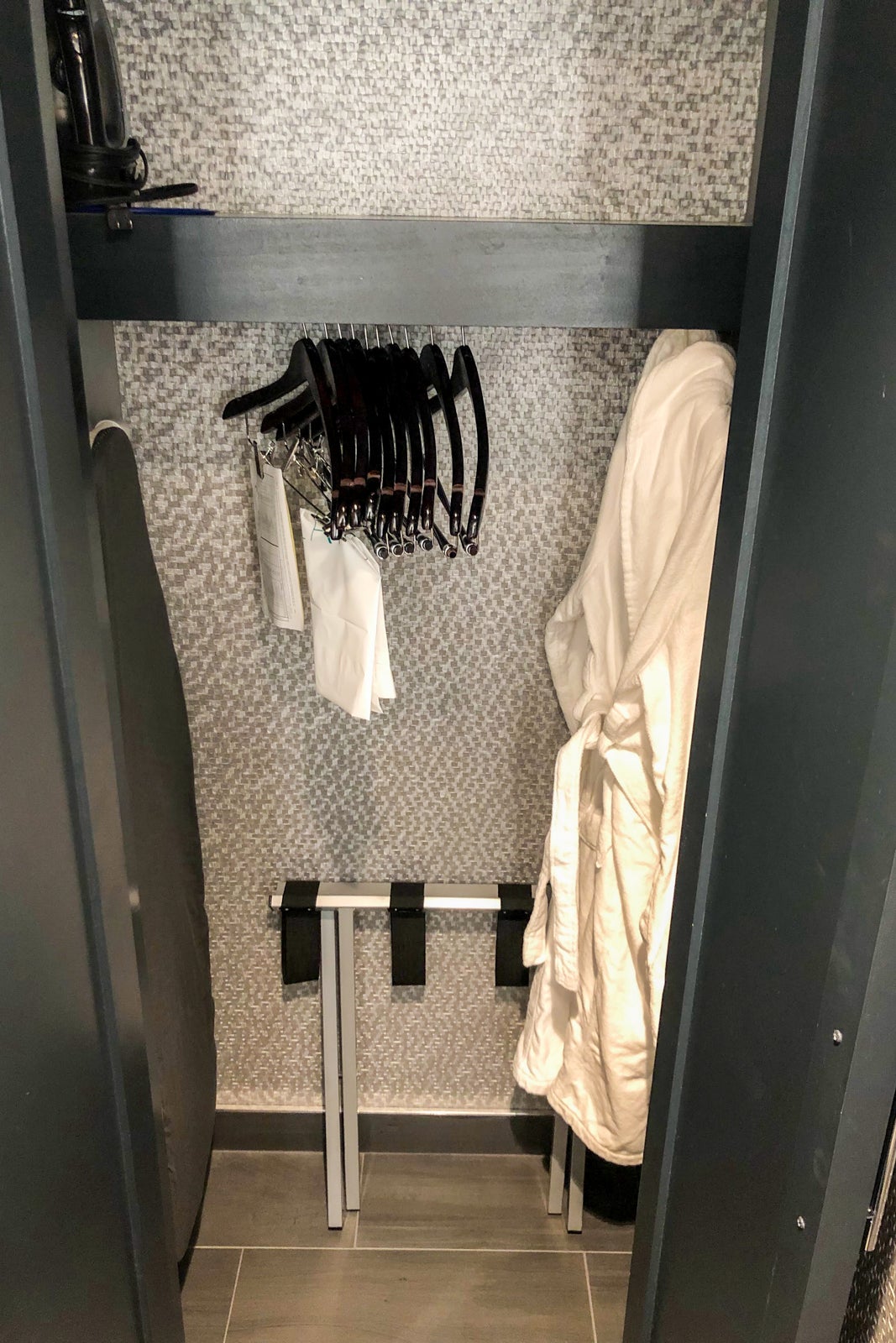 Photo of the in-room closet at The Clancy hotel.