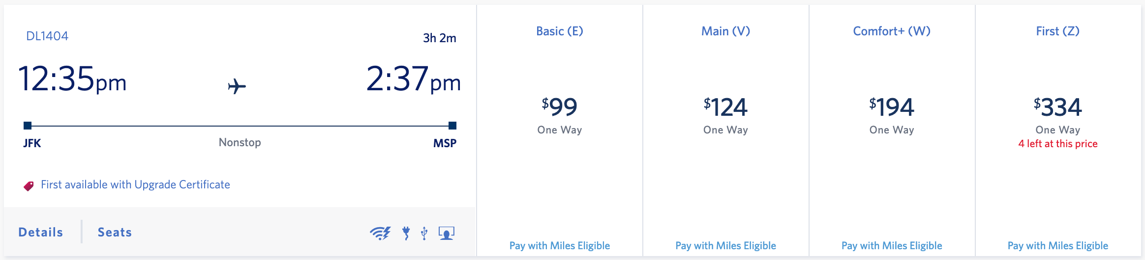 Flight search with upgrade space on Delta website
