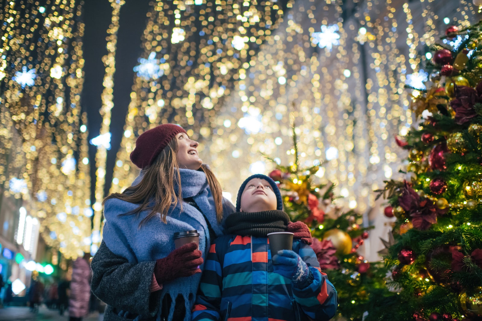 Mother and son at a Christmas market