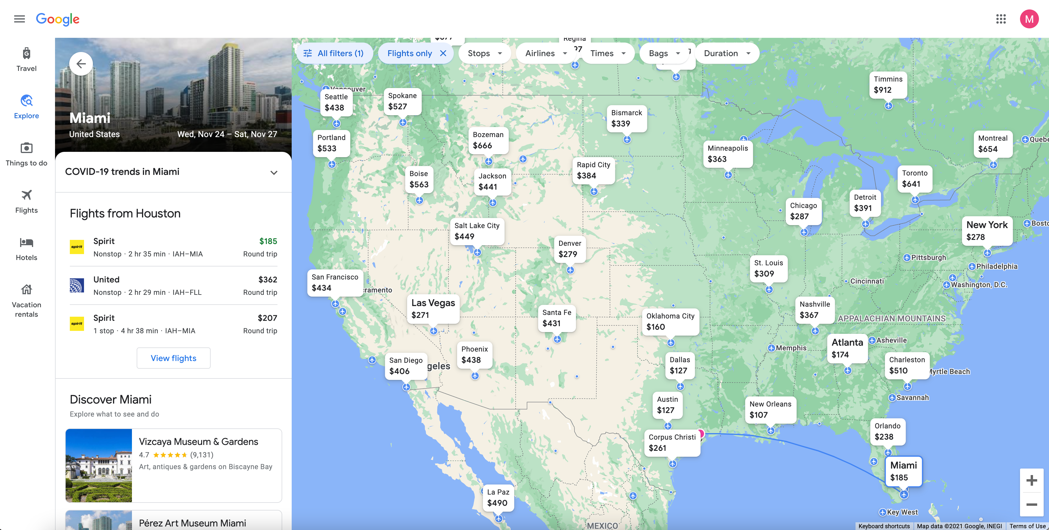 Captura de pantalla de los resultados de búsqueda de Google Flights para la semana de Acción de Gracias de 2021