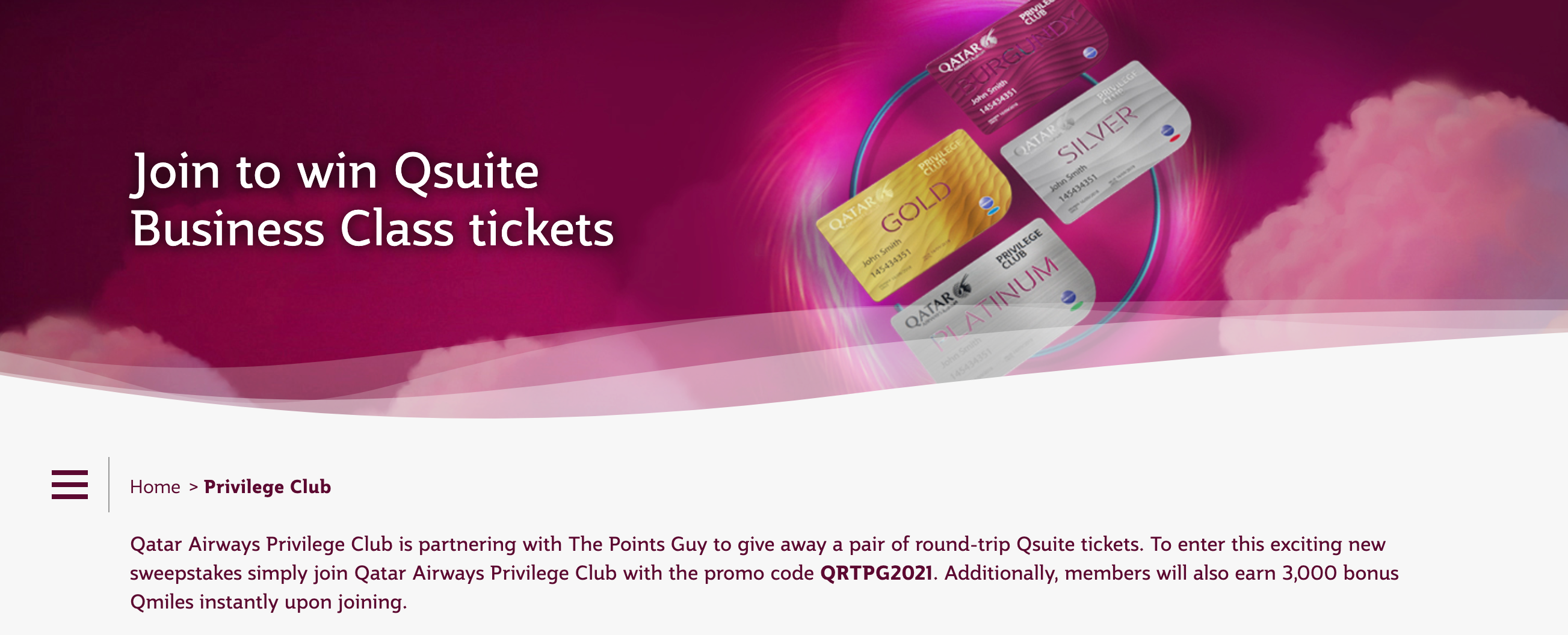 The landing page for TPG and Qatar Airways Dream Sweepstakes giveaway