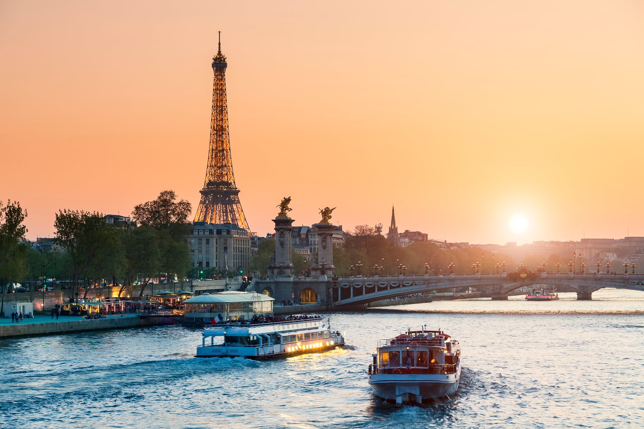A sunset over the River Seine in Paris, France.