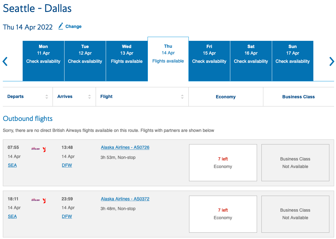 American award tickets again bookable on British Airways website - The ...