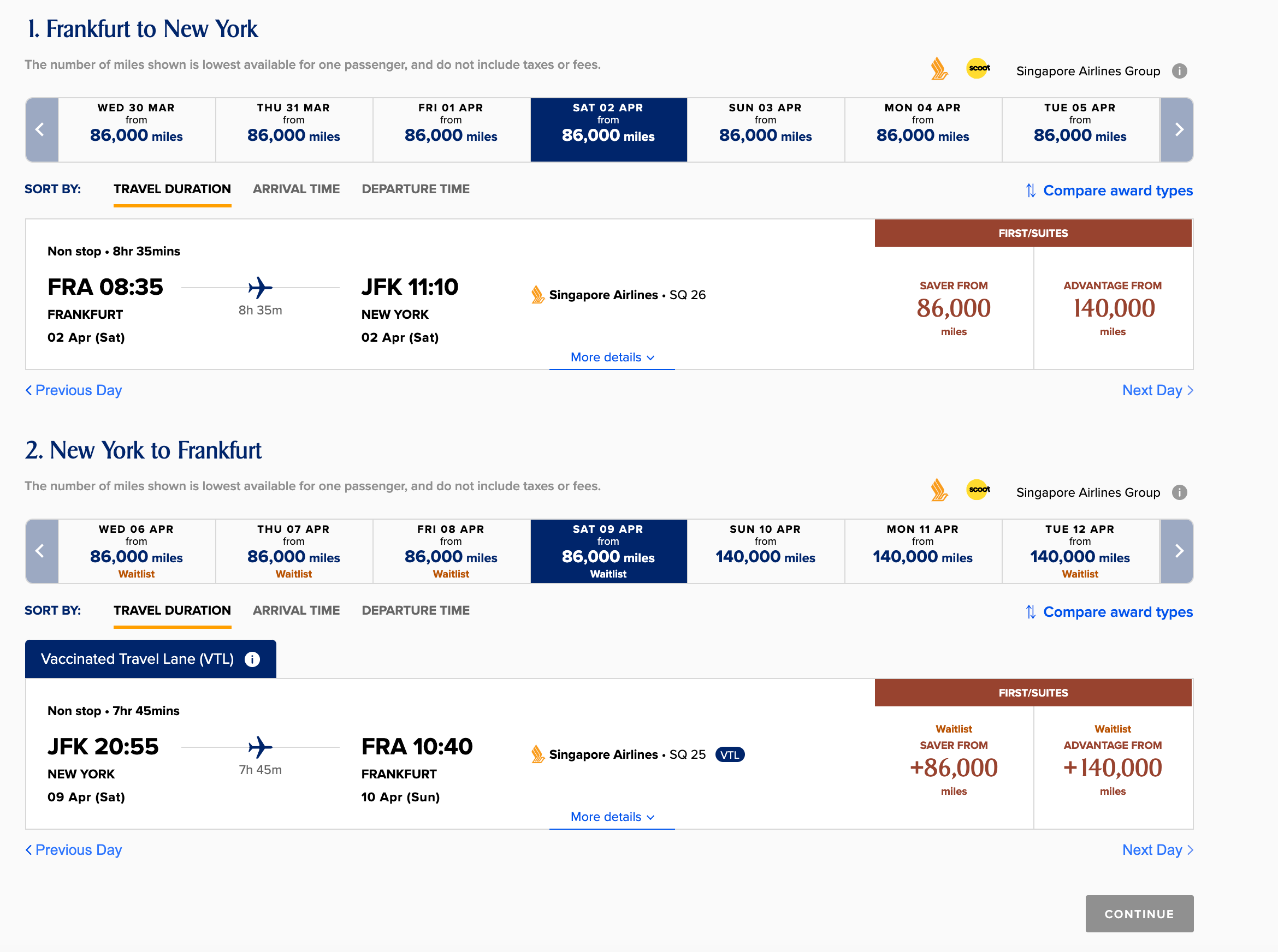 pris tillgänglighet mellan Frankfurt och New York. (Skärmdump artighet Singapore Airlines)
