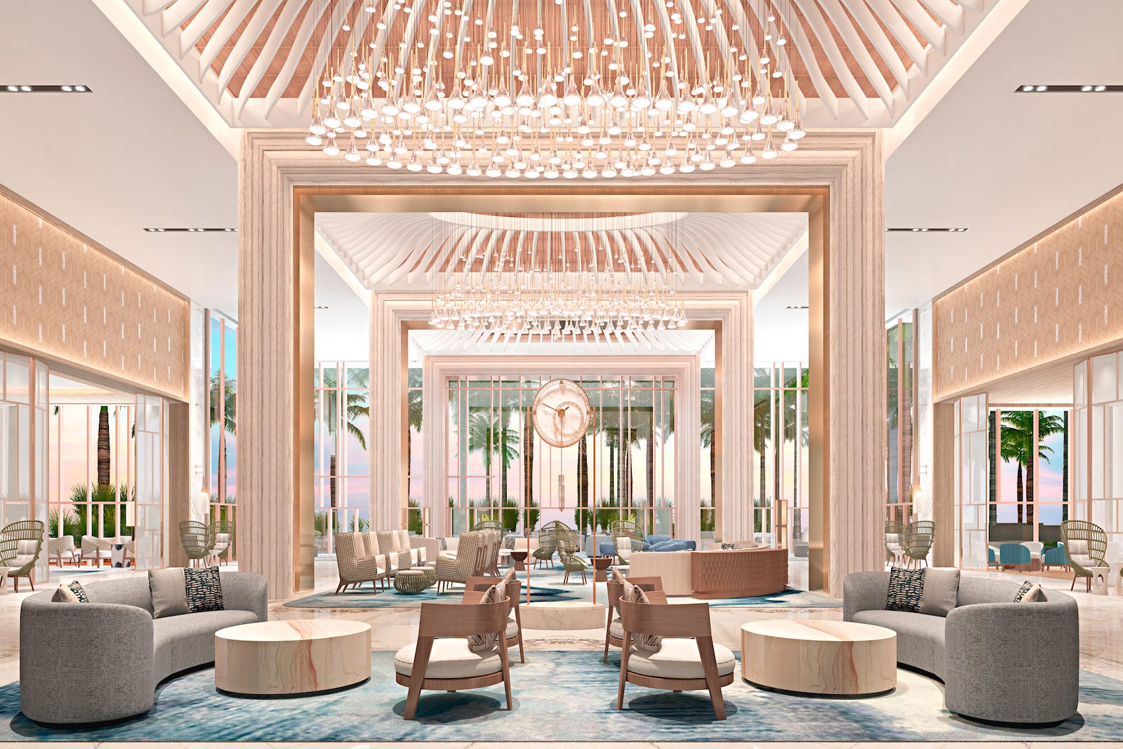 immaculate white and rose gold hold lobby