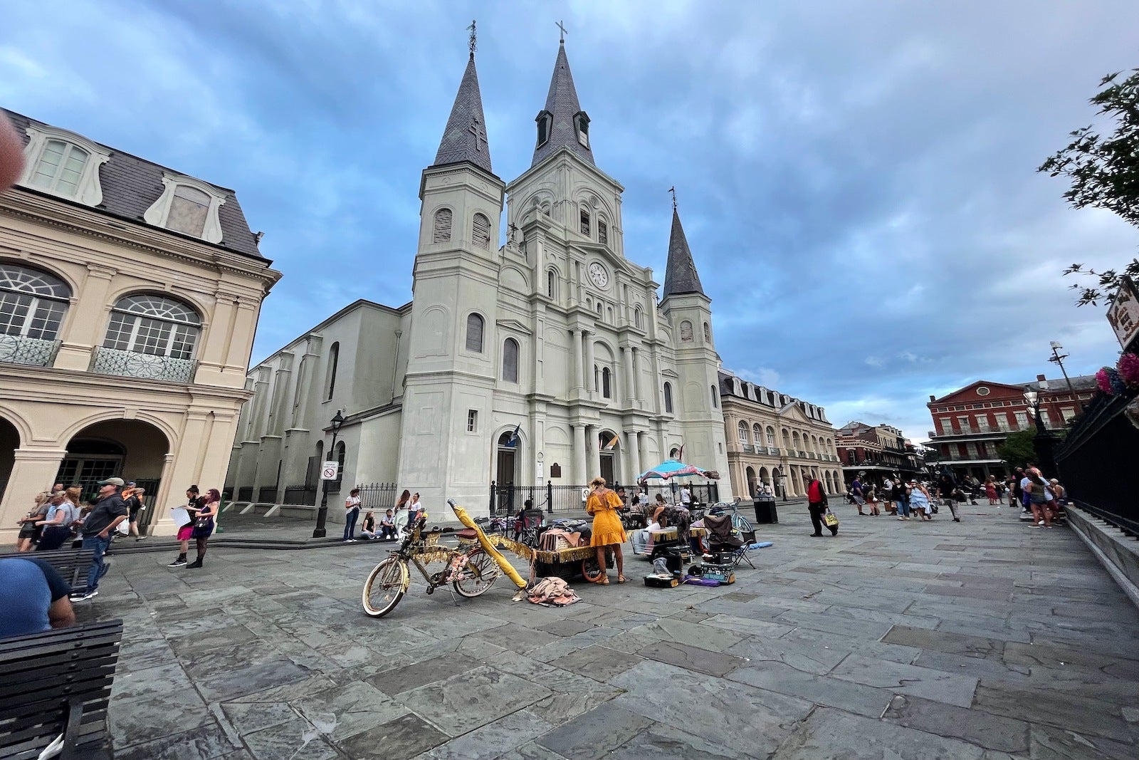 large white cathedral in New Orleans with people surrounding it