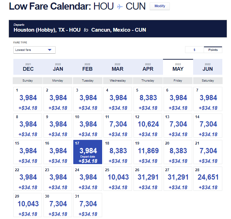 Southwest May low fare calendar