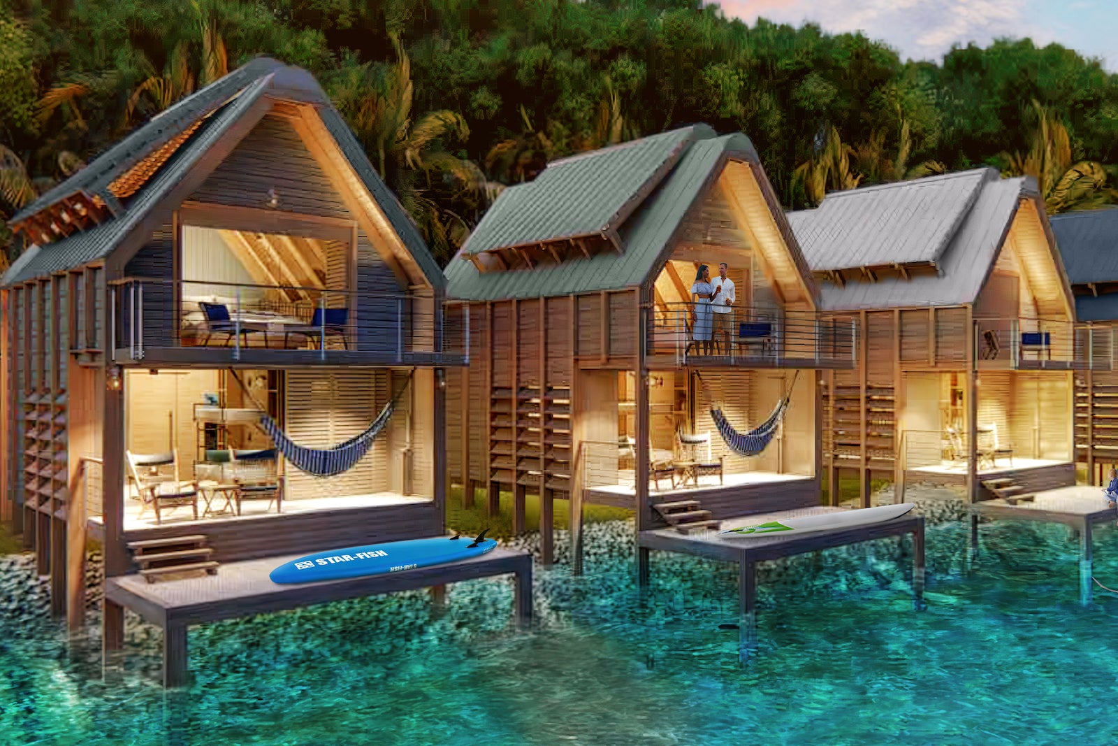 rendering of overwater bungalows with balconies, lofts and blue waters