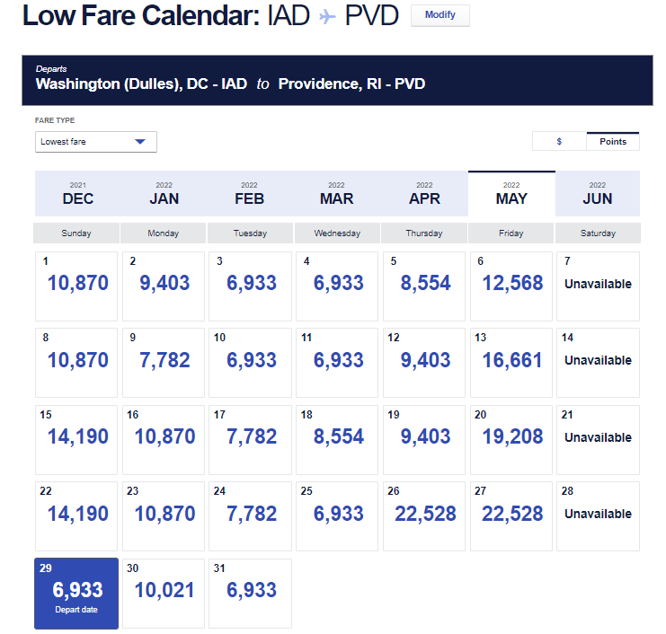 Southwest May low fare calendar