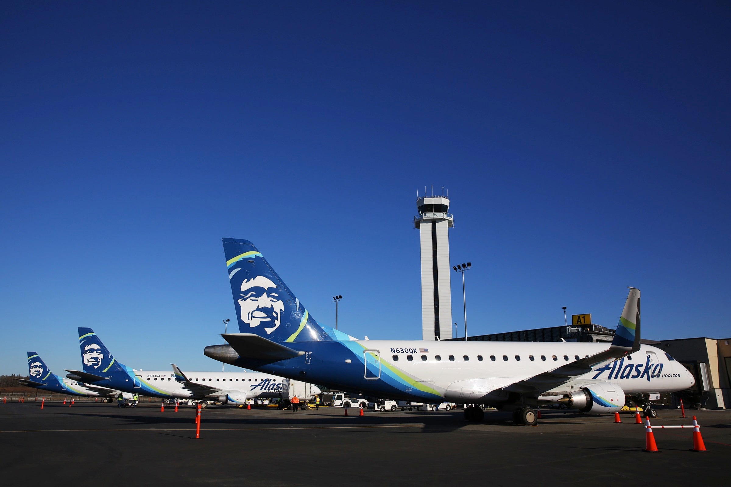 Alaska Airlines jets at the gate in Everett Pane Field airport