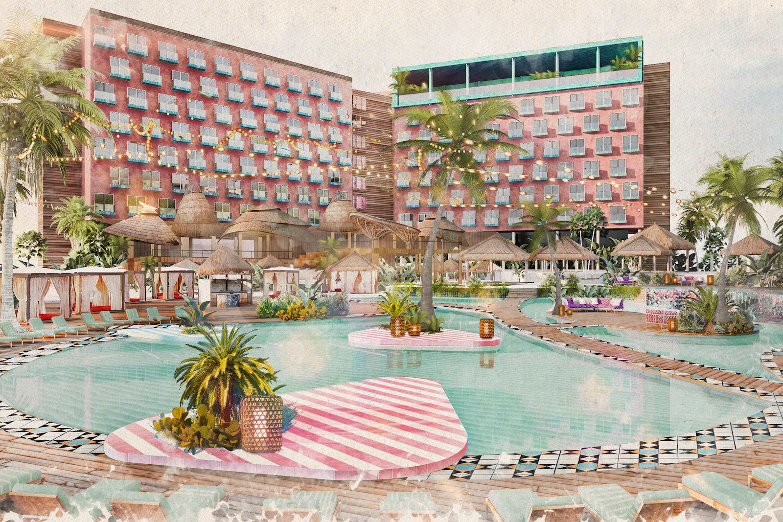 artist rendering of pink and aqua blue hotel with swimming pool and cabanas