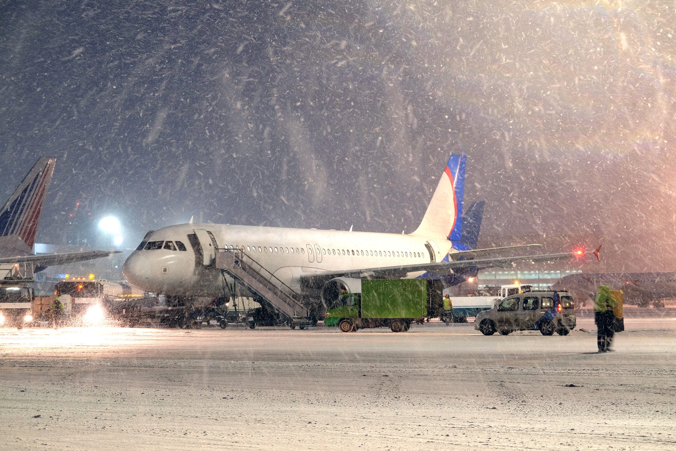 Moscow, Russia, February, 09,2015: commercial airplane parking at the airport in winter