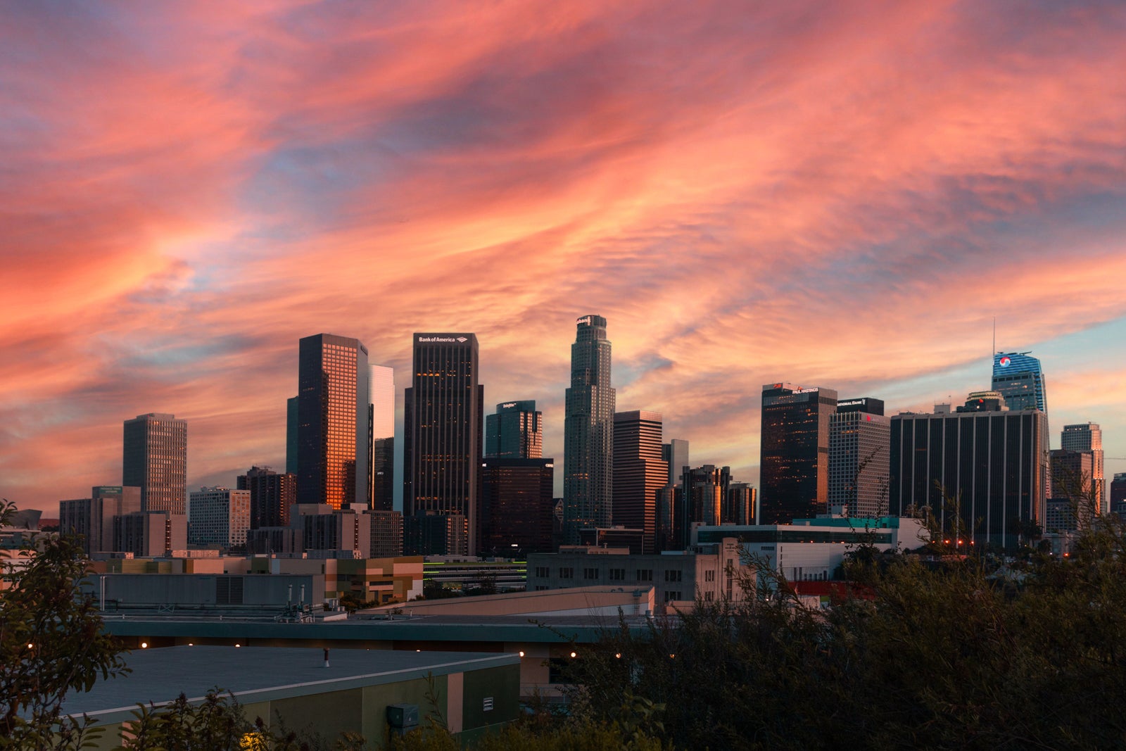 DTLA at sunset with a pink color sky