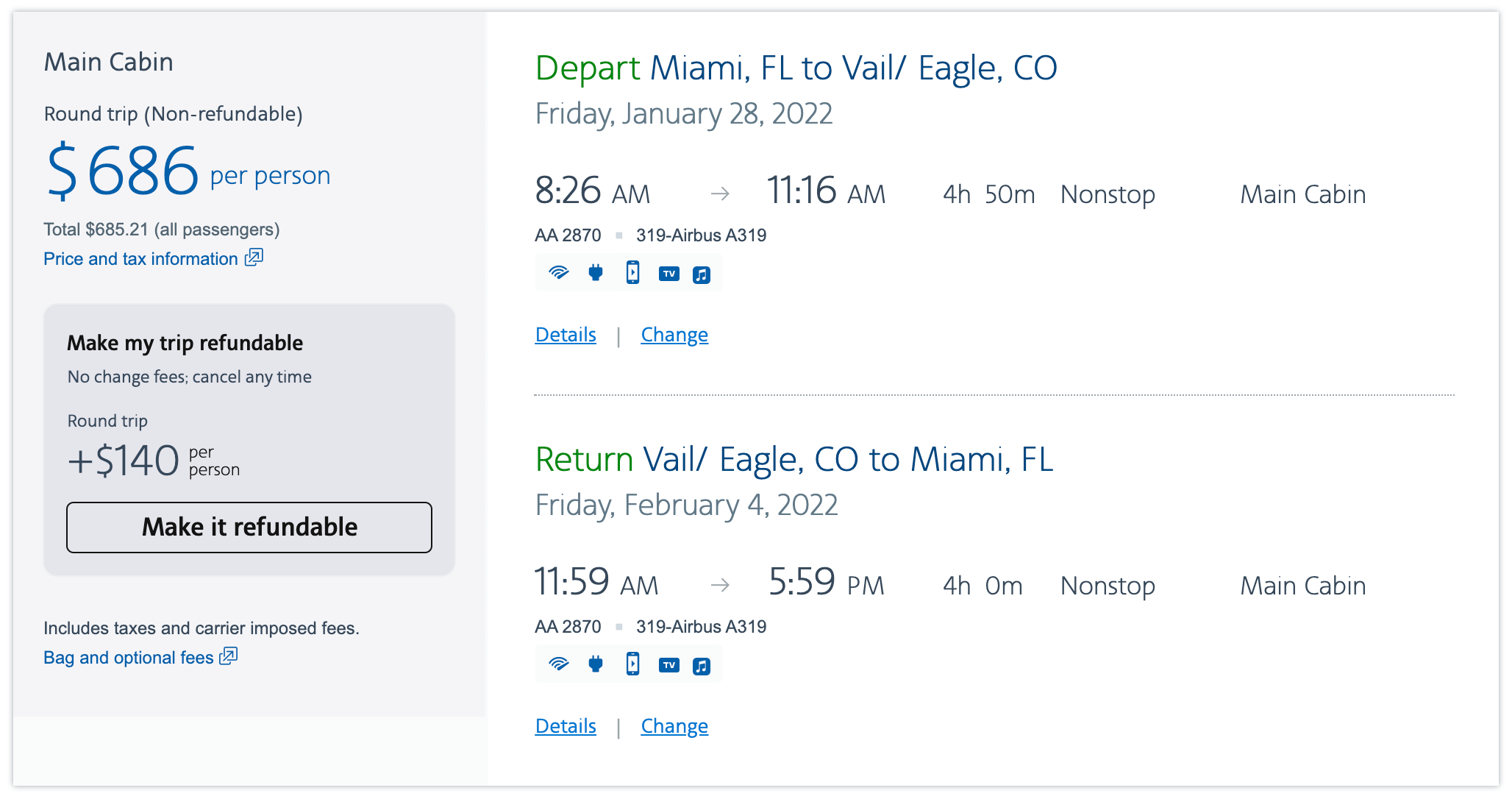 A screen shot of the price of a round-trip flight from Miami to Vail, Colorado on American Airlines