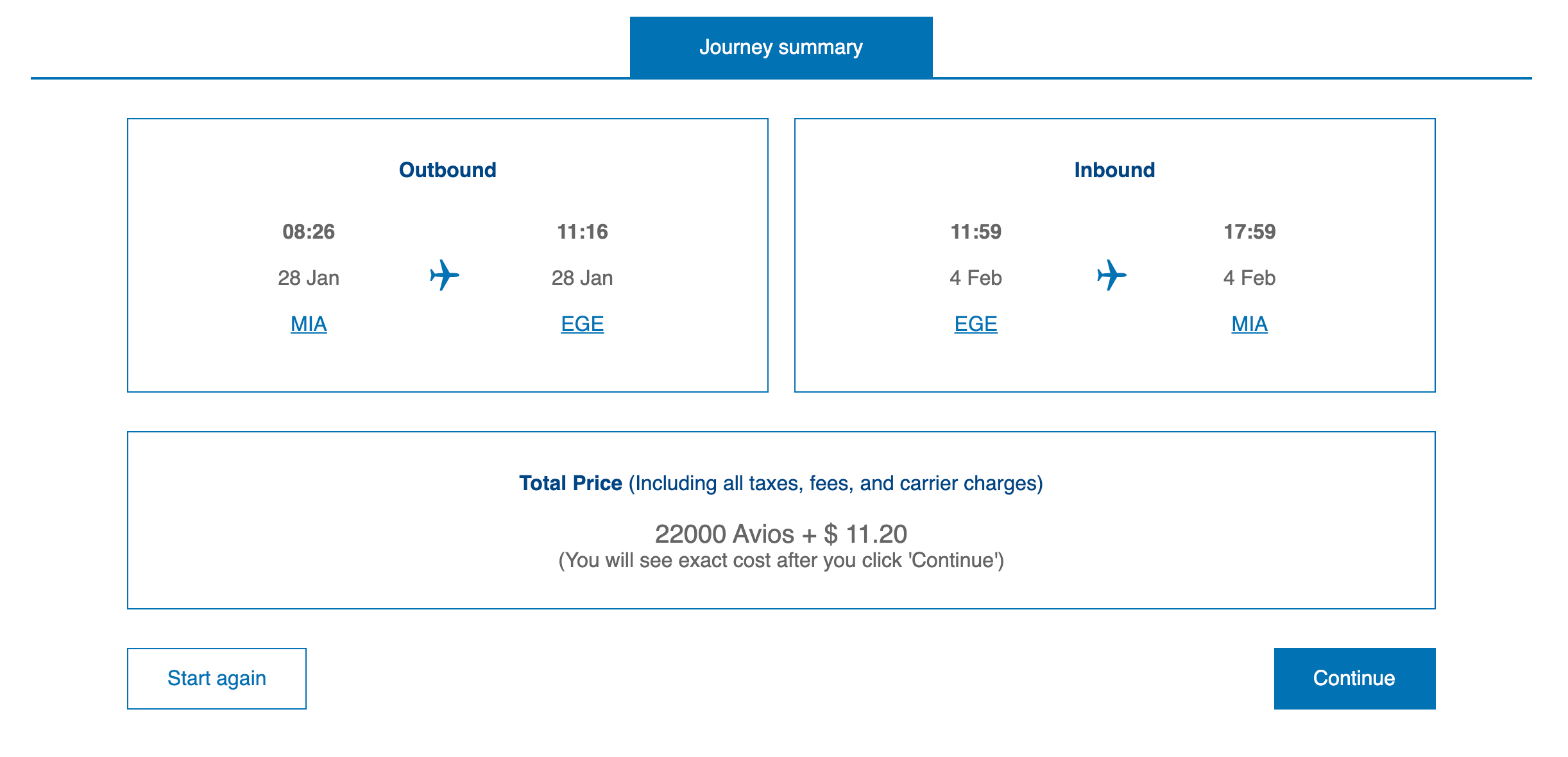 Screen shot of an award flight on American Airlines from Miami to Vail, Colorado, booked with British Airways Avios