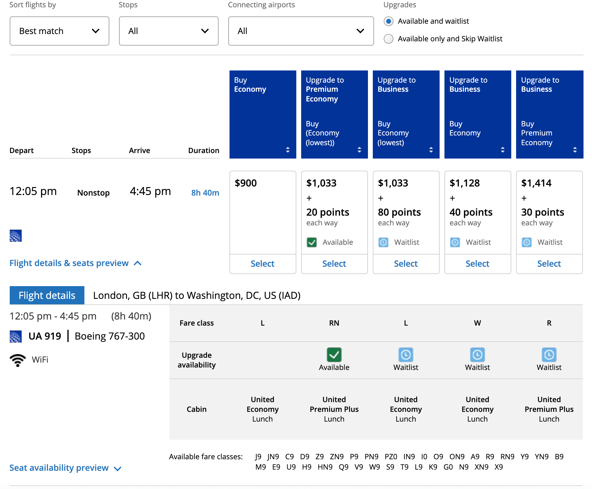 United fare classes between London (LHR) and Washington, D.C. (IAD)