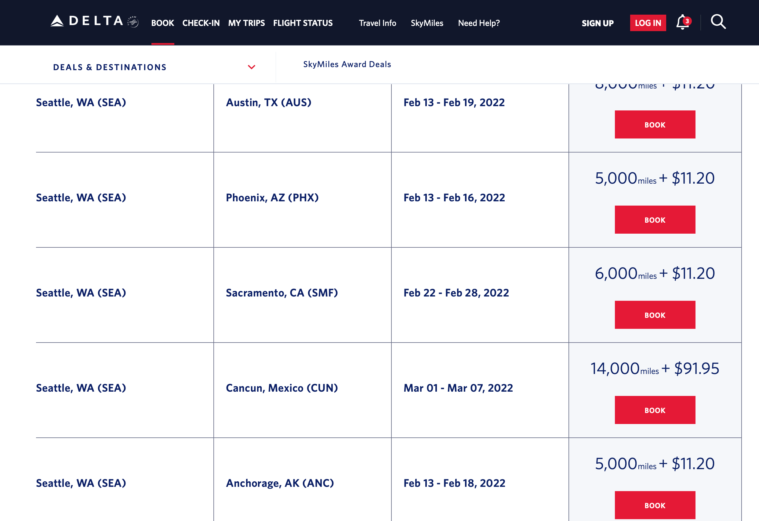 Some of these routes will cost as little as 5,000 SkyMiles round-trip plus .20 in taxes and fees.  (Screenshot Delta Air Lines)