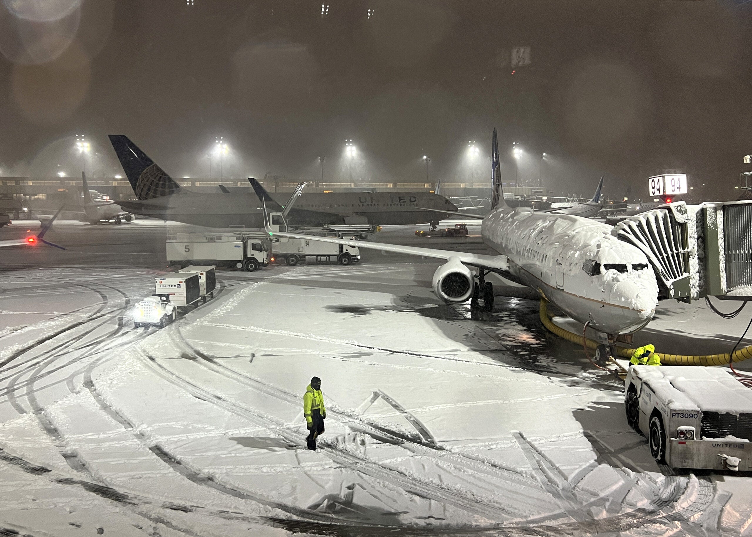 Airplane runway covered with snow at Newark Liberty International Airport on January 7, 2022 in New Jersey, United States as massive snow storm hits the east coast. (Photo by Tayfun Coskun/Anadolu Agency via Getty Images)