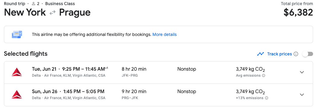 Delta JFK to PRG in Google Flights