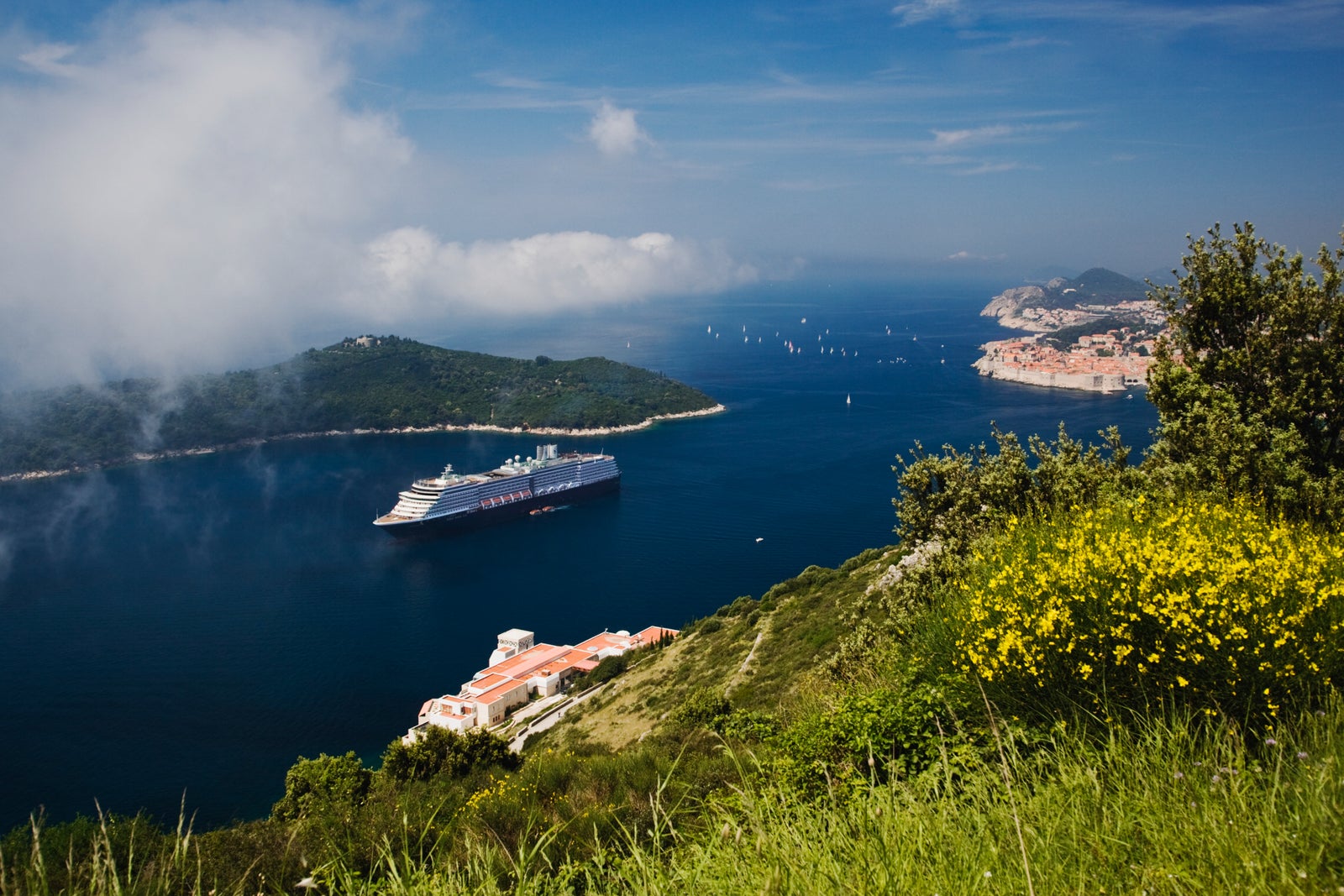 Cruise ship in Adriatic Sea with Dubrovnik in background