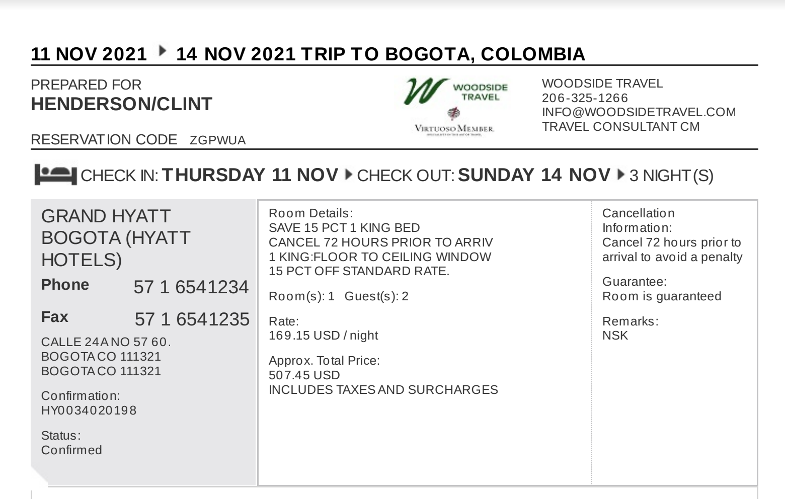 Virtuoso hotel booking at Grand Hyatt Bogotá. (Screenshot courtesy Woodside Travel)