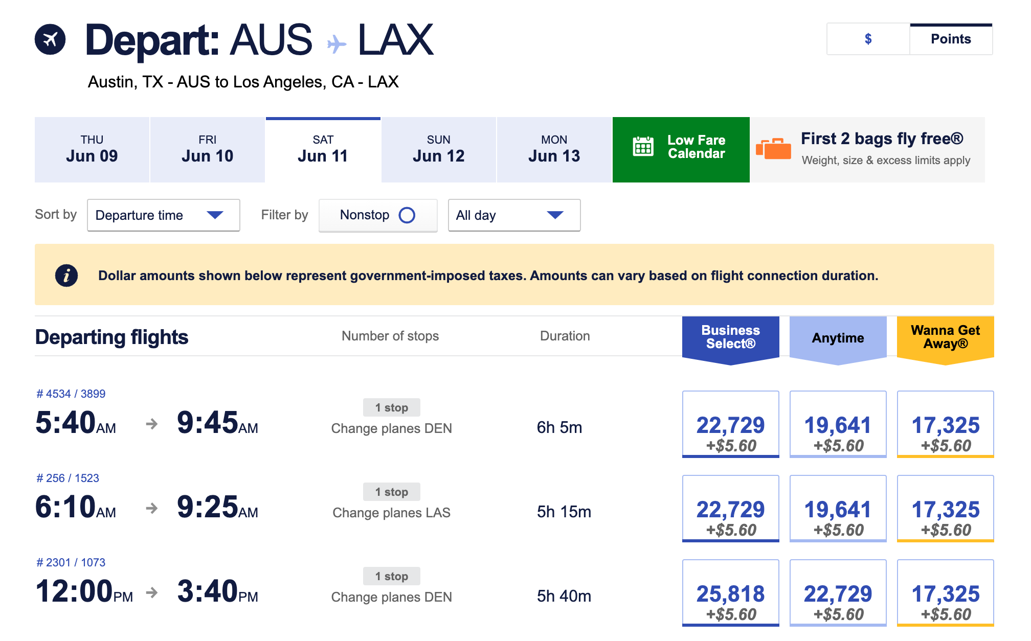 One-way Southwest award flights from Austin to Los Angeles on Saturday June 11, 2022