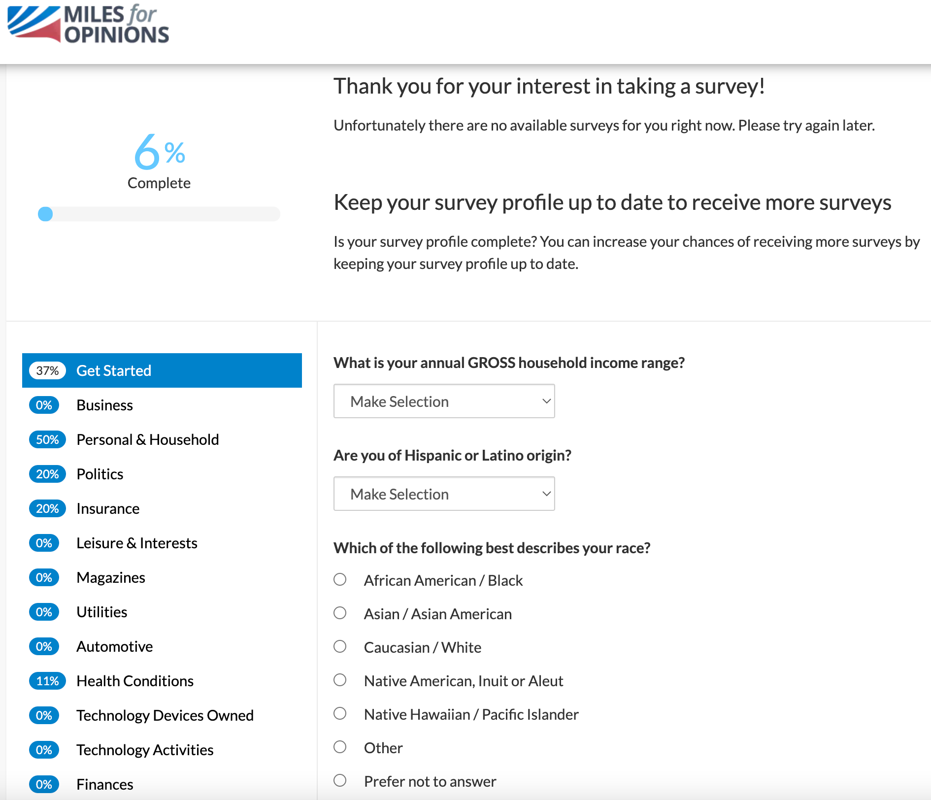 Screenshot of survey landing page