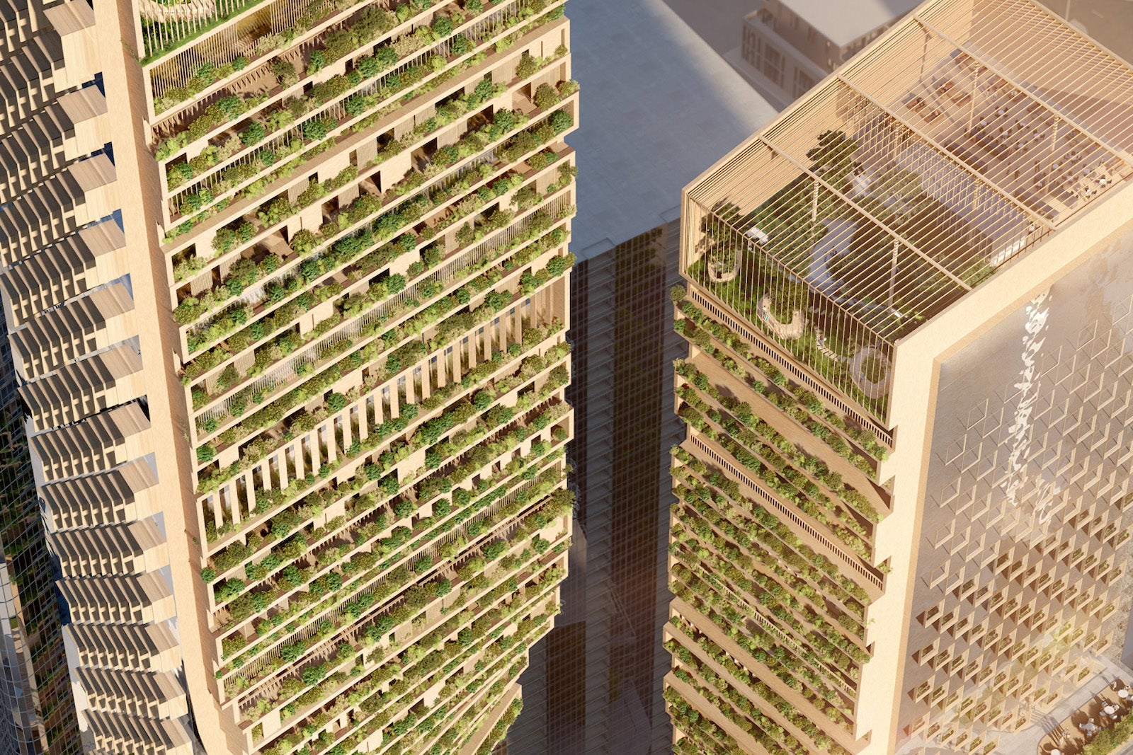 rendering of two large towers with plants covering them