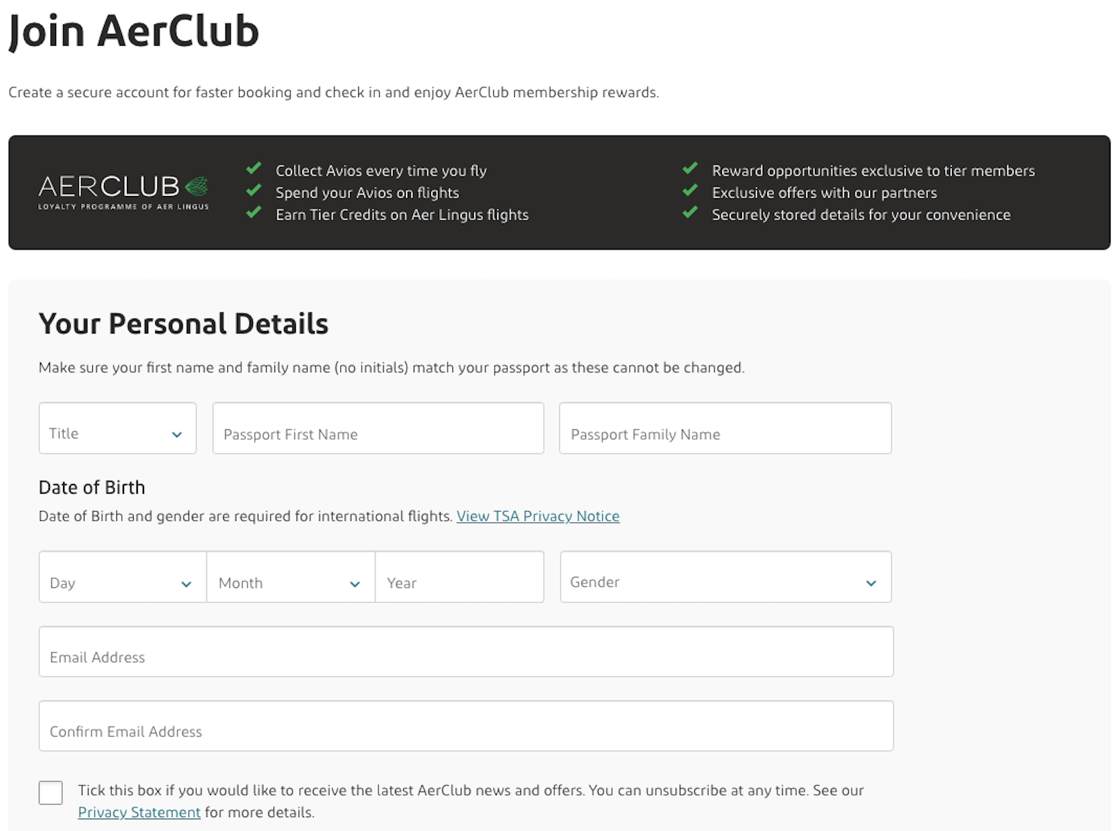 Image of Aer Lingus AerClub sign-up page