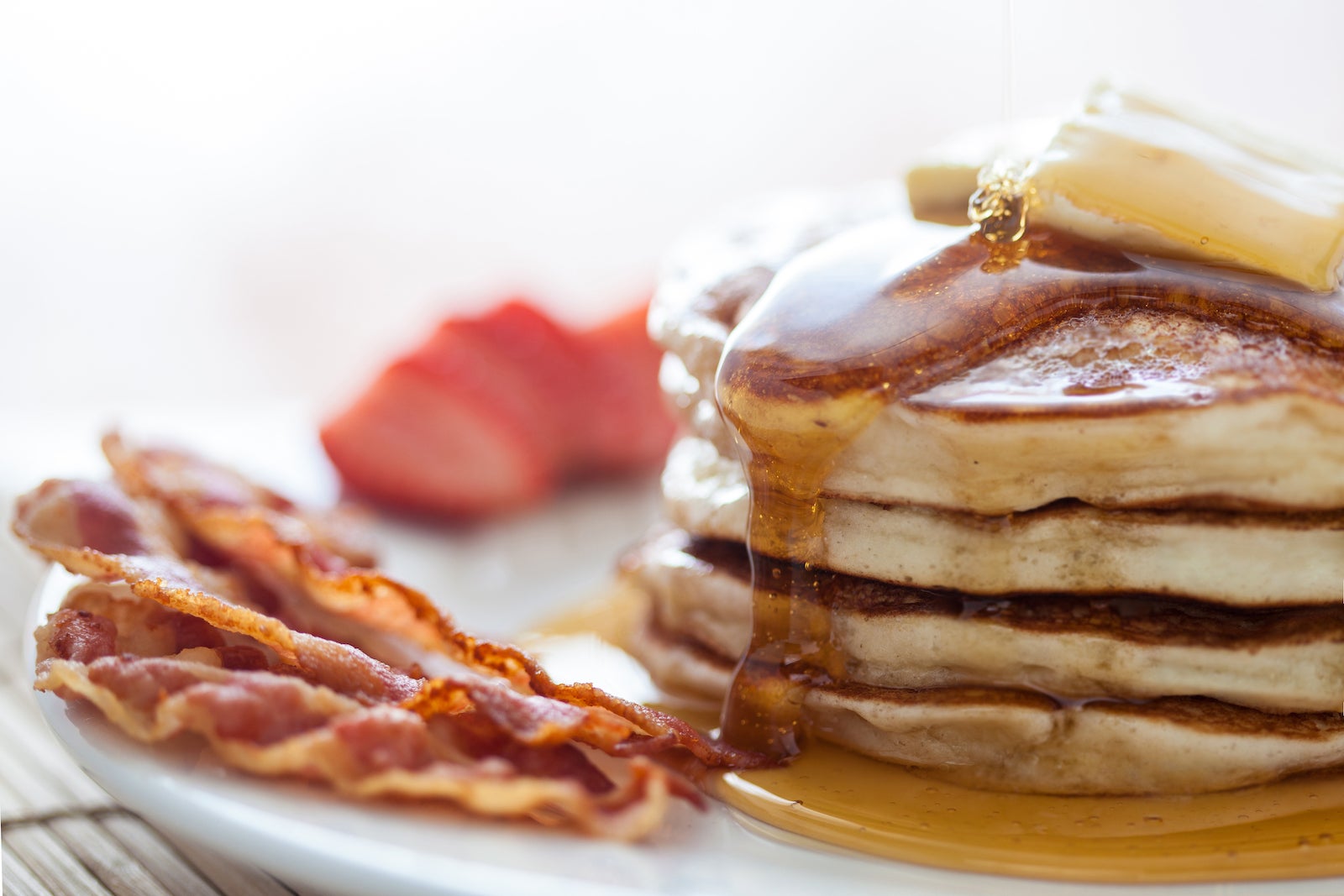 close up image of pancakes and bacon