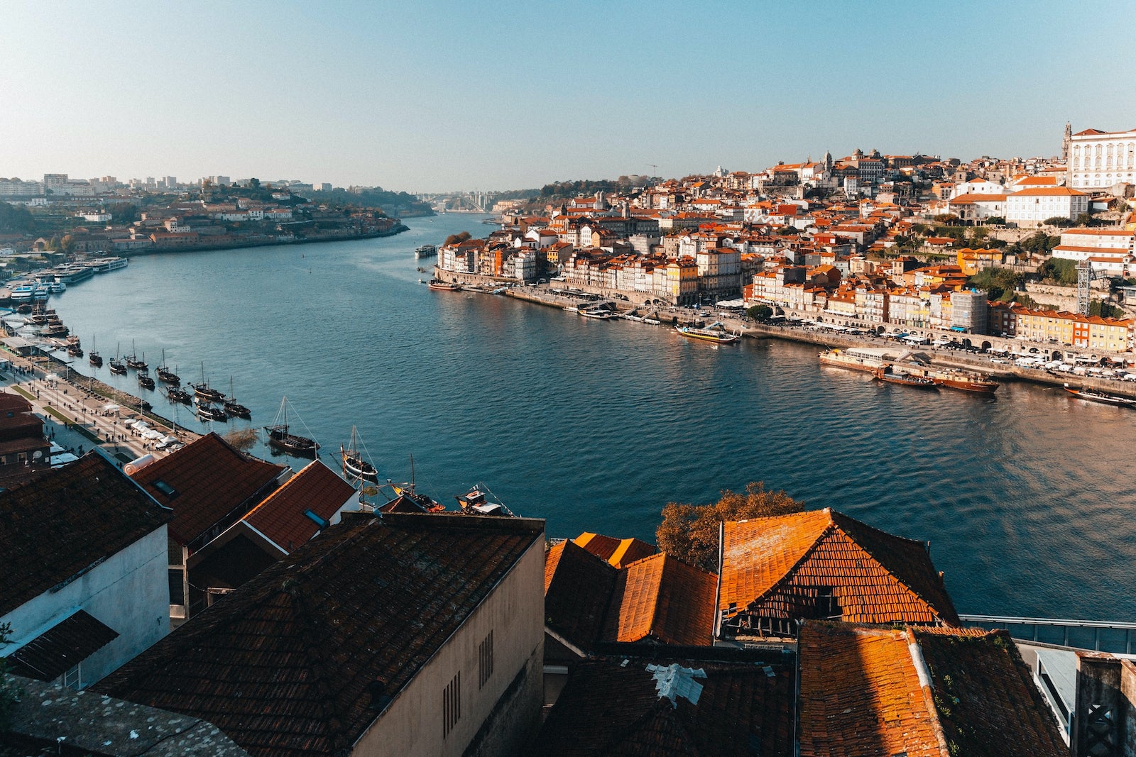 Porto old town cityscape and Douro river at sunny day
