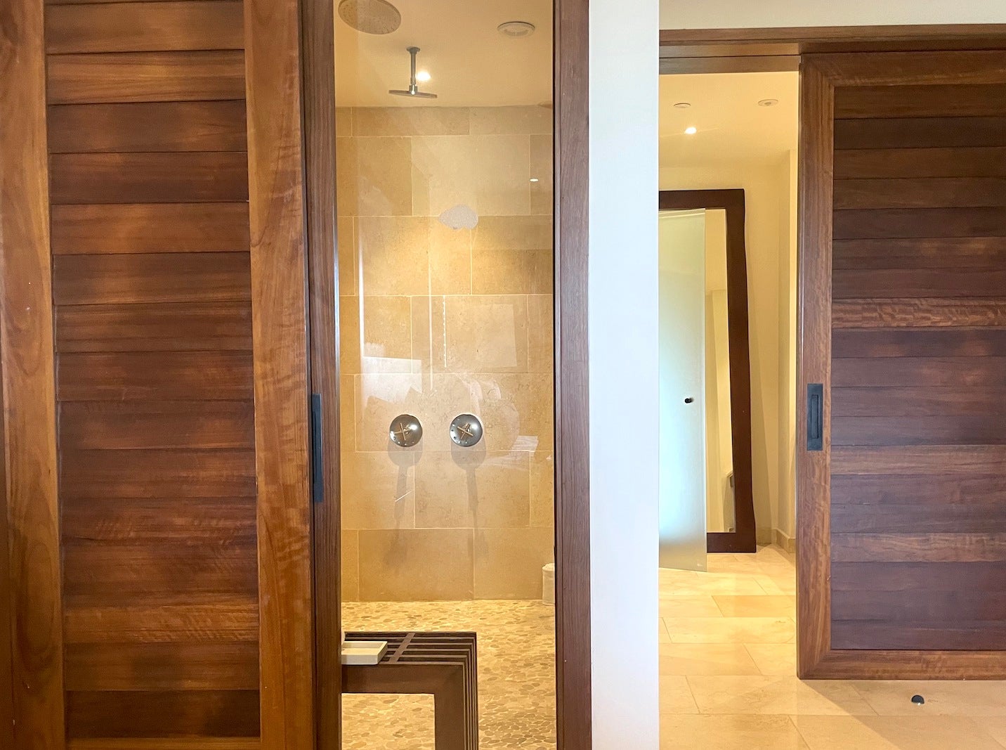 hotel bathroom with shower sliding door