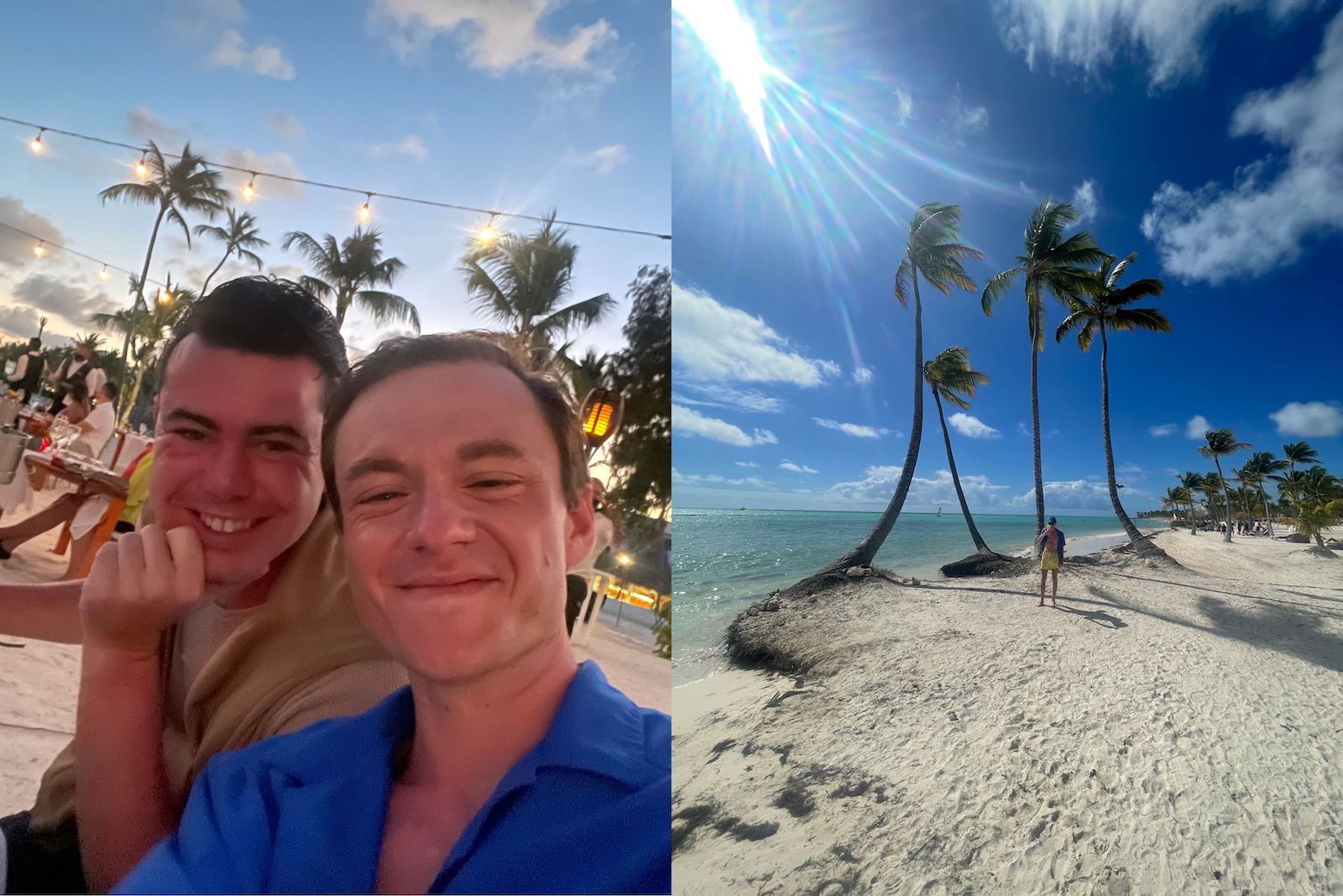 left: couple smiling for camera: right: man posing on beach